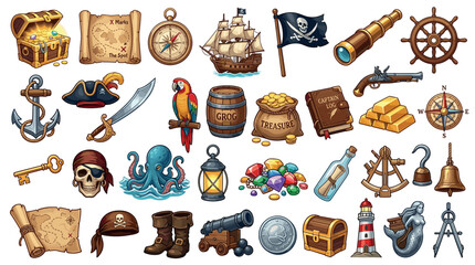 Pirate adventure collection cartoon style items including treasure chest, ship, map, compass, and various pirate accessories for a fun themed design.
