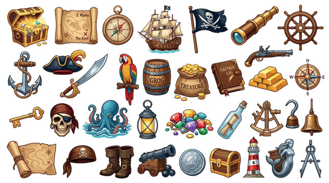 Pirate adventure collection cartoon style items including treasure chest, ship, map, compass, and various pirate accessories for a fun themed design.