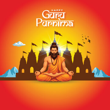 Celebrate Guru Purnima with this vibrant illustration featuring a serene meditating guru before sacred temple silhouettes, glowing sunrise, and saffron hues, symbolizing wisdom, devotion, inner peace,