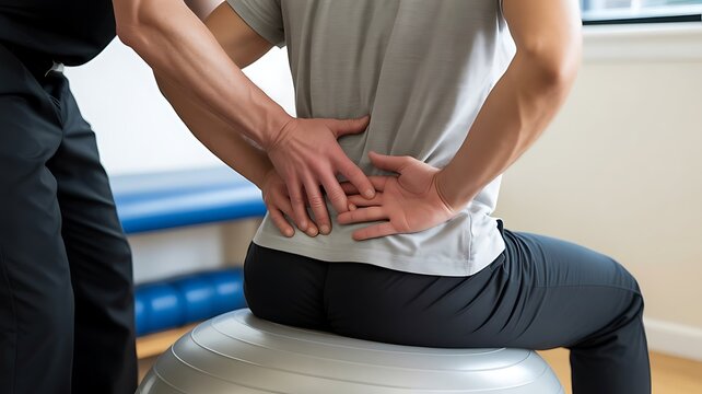 A physical therapist provides support to a patient sitting on an exercise ball, focusing on lower back pain relief and rehabilitation therapy