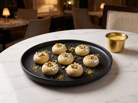 Luxury Restaurant Style Indian Milk Peda with Saffron and Pistachios Fine Dining Dessert