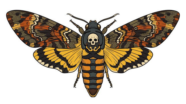Death's-head hawkmoth displays detailed wings with a skull marking on its thorax in this symmetrical vector illustration.