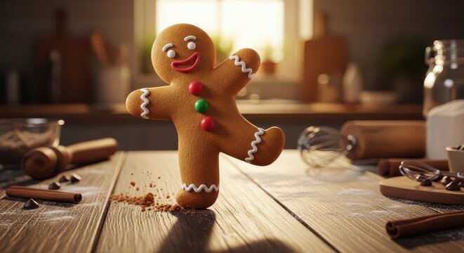 Festive gingerbread cookie dancing on wooden table. Holiday baking and Christmas treats for celebration.