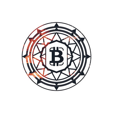 Bitcoin cryptocurrency symbol inside stylized decorative sunburst badge with currency blockchain sunburst financial