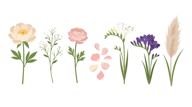 Set of delicate hand drawn floral elements featuring various spring flowers and botanical sprigs.