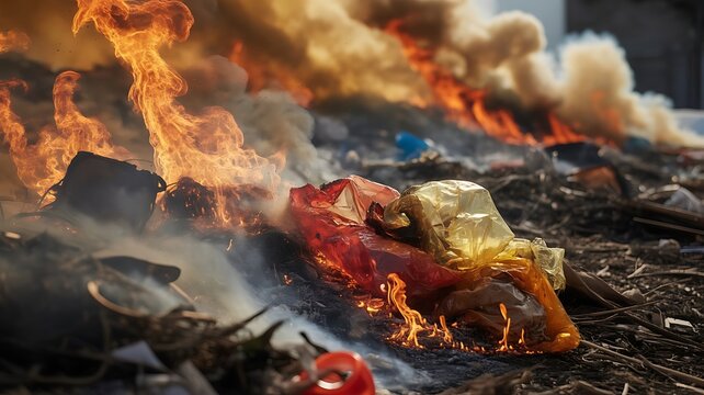 Burning pile of plastic waste and household trash emitting thick smoke and bright orange flames in an outdoor area causing environmental damage