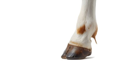 Obraz premium Close‑up of a horse’s lower leg and hoof with white hair and brown patches, detailed texture and clean background — symbolizing strength, anatomy, and equine care