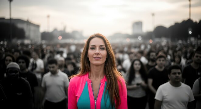 Young woman standing amidst a crowd at sunset. Female in vibrant pink jacket in urban outdoor setting.