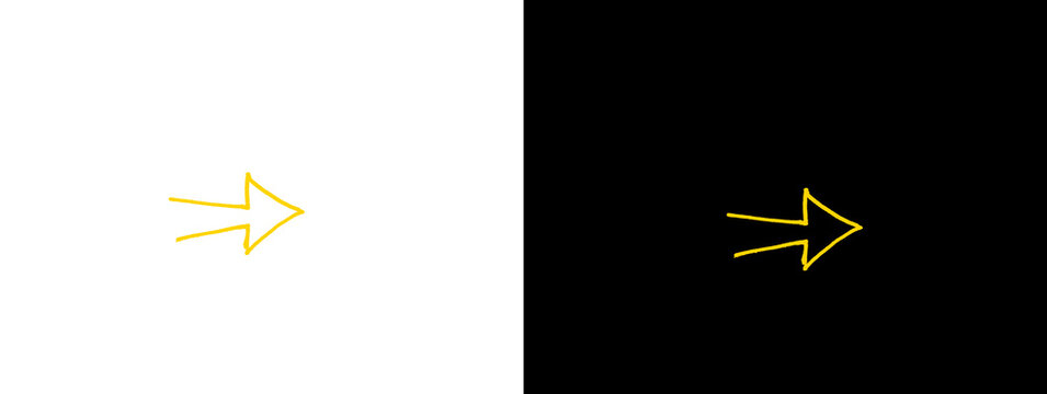 Yellow thin double arrow pointing right on white and black background, dual direction or fast forward symbol in doodle style