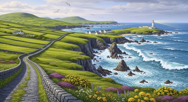 Scenic coastal landscape with lush green fields and ocean waves. Vibrant countryside scene with natural beauty and outdoor serenity.