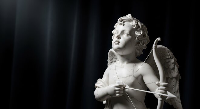 Classical cherub sculpture with bow and arrow. Artistic angel figure in dramatic lighting.