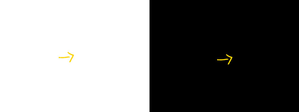 Tiny thin yellow hand-drawn arrow pointing right on white and black background, minimal direction or next indicator symbol