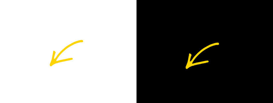 Yellow short hand-drawn curved arrow pointing down and left on white and black background, quick direction or minor decline symbol