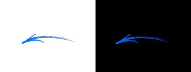 Obraz premium Blue hand-drawn brush stroke arrow pointing left with textured feathery edges on white and black background, artistic direction symbol