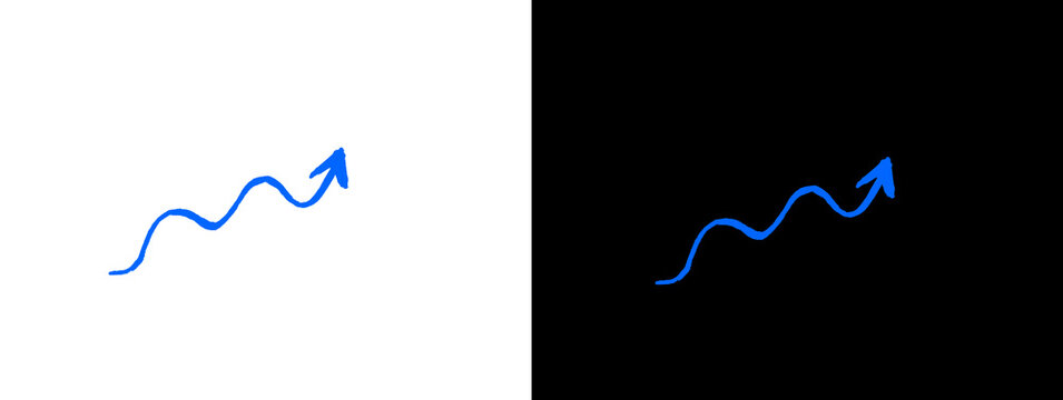 Blue hand-drawn wavy arrow pointing upward to the right on white and black background, progressive growth trend symbol, doodle style business chart icon