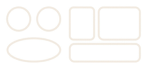 Set of nautical rope frames isolated on white background, collection of circular, oval and rectangular borders made of twisted cord © MDMahmudul