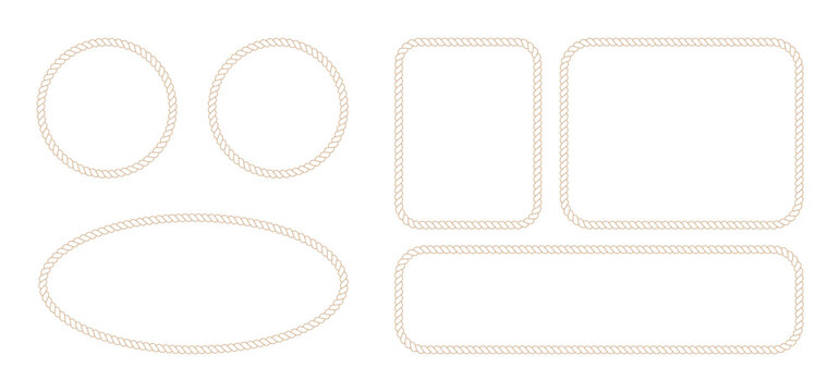 Set of nautical rope frames isolated on white background, collection of circular, oval and rectangular borders made of twisted cord
