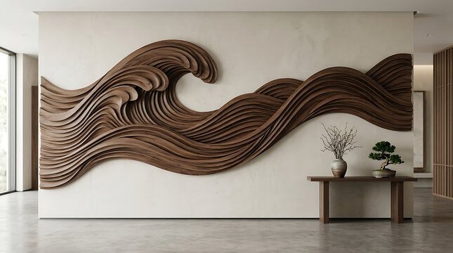 Elegant wooden wave sculpture adorns a minimalist interior wall space