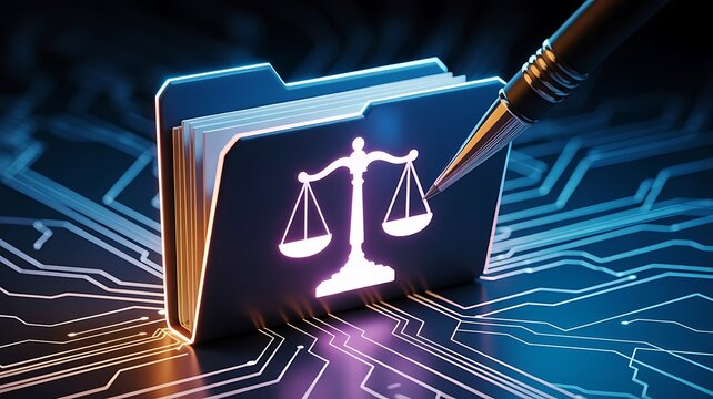 Dark digital folder with scales of justice symbol and metallic pen on a glowing blue circuit board background, representing cyber justice