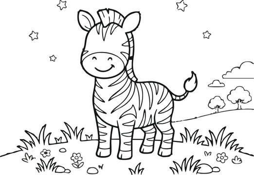 Zebra with stars and hearts coloring page outline black and white
