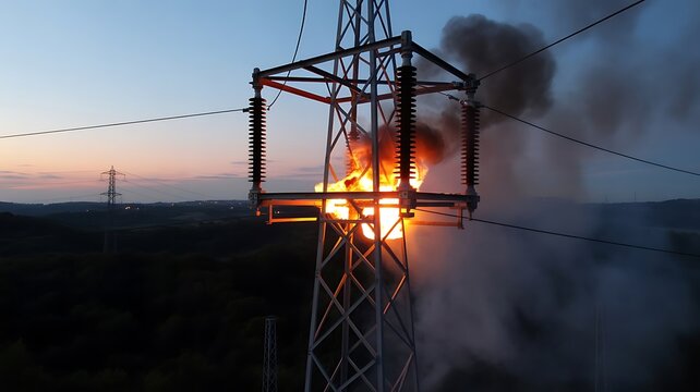 Dramatic view of a voltage electrical pylon on fire with bright flames and smoke billowing against a colorful sunset sky in the countryside