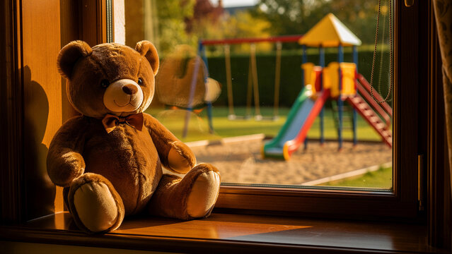 Brown teddy bear sitting on a wooden windowsill looking outside. Soft plush toy overlooks a sunny empty playground with a slide and swings. Childhood nostalgia and safety concept for marketing.