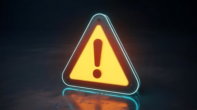 Glowing neon yellow warning triangle sign with exclamation mark symbol isolated on dark background, for safety hazard, alert and caution concept