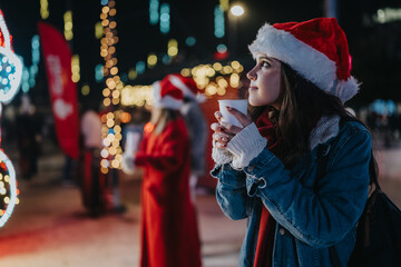 Fototapeta premium Two girls wearing Santa hats enjoy warm drinks at a festive outdoor night market. They stand among holiday lights and decorations, bundled in winter coats.
