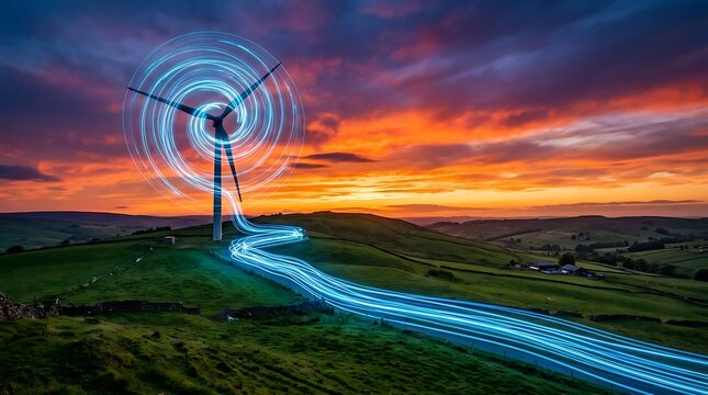 A stunning long exposure photograph of a wind turbine at sunset with bright blue light trails creating a magical path across landscape