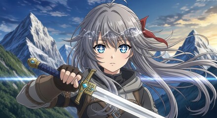 Obraz premium Anime-style female warrior with sword in mountain landscape. Fantasy heroine in action pose, detailed character design and vibrant scenery.