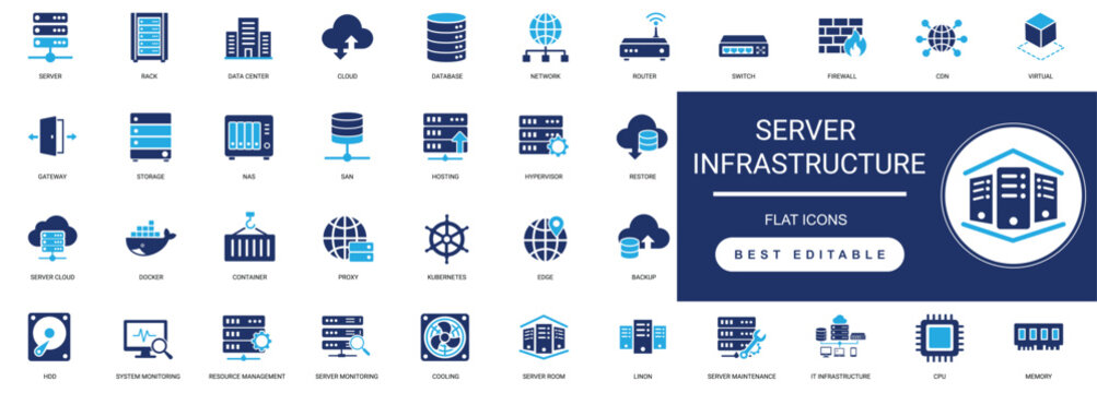 server infrastructure solid icon set featuring servers, cloud computing, racks, networking, storage, power, cooling, monitoring, and data center management. editable vector illustration.