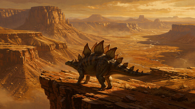 Stegosaurus dinosaur standing on a cliff overlooking a desert canyon. Prehistoric herbivore surveying the landscape at sunset. Mesozoic era concept for science education and nature themes.