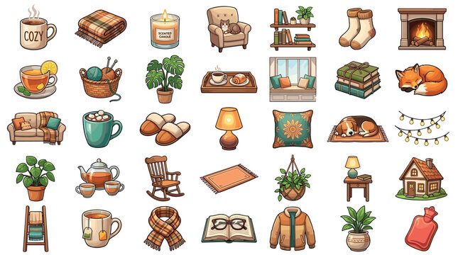 Cozy home items and comfortable objects create a warm inviting atmosphere for relaxation and comfort during the autumn and winter seasons, perfect for a peaceful day.