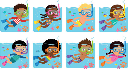 Group of diverse kids snorkeling underwater with goggles and flippers surrounded by tropical fish and coral, summer ocean adventure flat vector illustration set © MstLaily