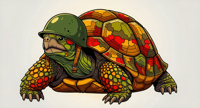 Cartoon turtle wearing a green military helmet. Tortoise with a camouflage shell and determined expression. Defense and protection concept, ideal for mascot design or gaming icons.