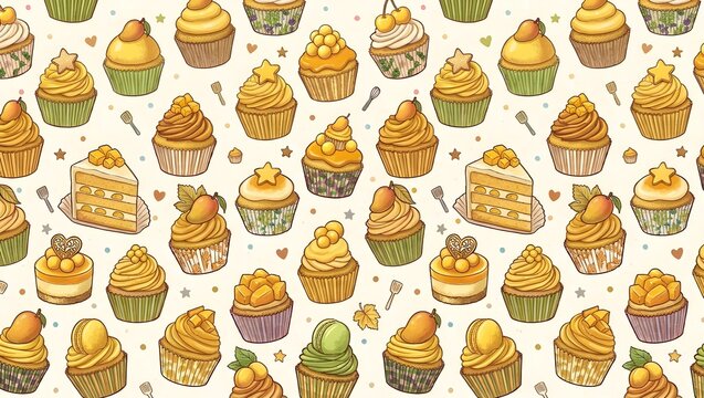 seamless pattern delicious mango cupcakes