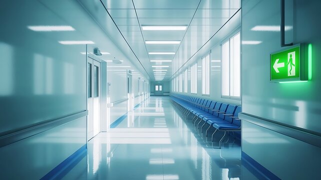 Long empty hospital corridor with white walls and blue chairs under bright fluorescent lights and a green illuminated emergency exit sign on wall