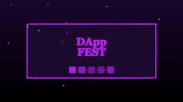 D app fest neon glowing animation with digital confetti 4k background, for blockchain and, cryptocurrency tech events