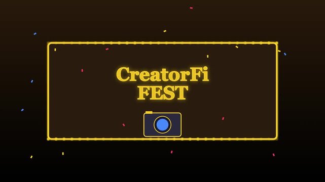 Creator fi fest animated title card with falling confetti and camera for creator events and social media branding animation 4k