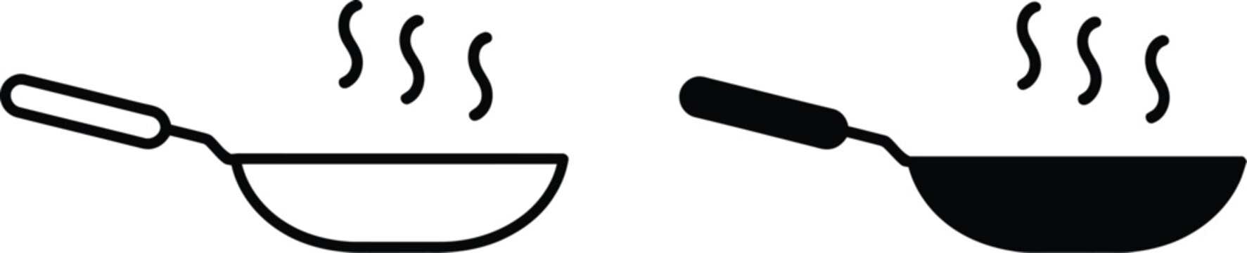 Frying pan icon featuring black cookware silhouettes for kitchen, cooking, frying, and editable vector illustration.