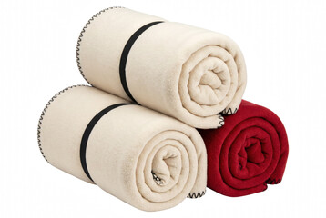 Three Rolled Soft Fleece Blankets in Cream and Red © Khalilur