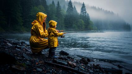 Obraz premium Mother and child fishing on a misty lake during a rainy day. Both wear yellow raincoats while holding rods at the rocky shoreline. Family bonding and outdoor leisure adventure concept.
