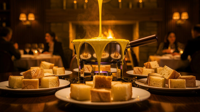 Hot melted cheese pouring into a fondue pot over a burner. Plates of crusty bread cubes surround the pot in a cozy, dimly lit restaurant. Winter culinary concept, ideal for food and travel marketing.