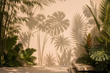 Fototapeta premium Tropical leaf shadows and exotic plants on warm beige wall