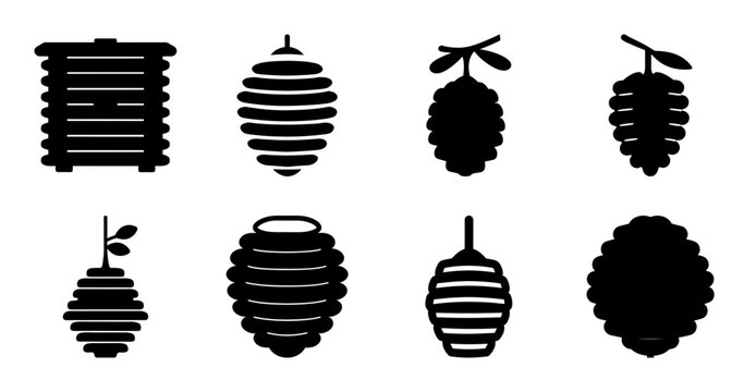 Black and white bee hive icons set with bee illustrations - A clean set of black and white bee and hive icons, perfect for nature, agriculture, or educational projects.