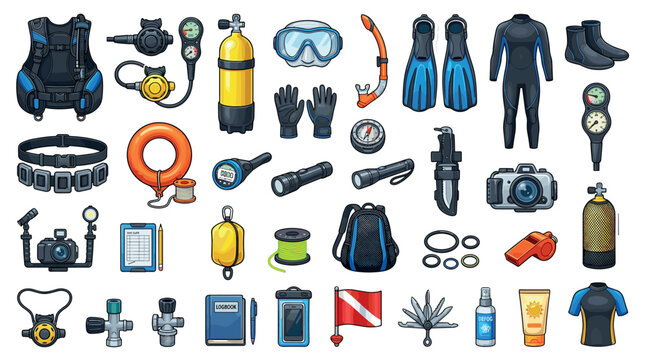 Scuba diving equipment and accessories collection featuring essential gear for underwater exploration, safety, and marine adventures.