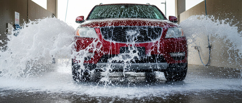 Red SUV washed with high-pressure water. Automatic car wash station splashing water and foam. Automotive maintenance concept for car care marketing.