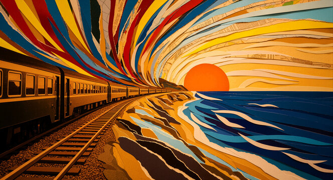 Abstract paper-cut art of a train on a coastal track. Colorful collage shows waves beside a railway under a vibrant sunset sky. Creative travel concept for tourism marketing and art projects.