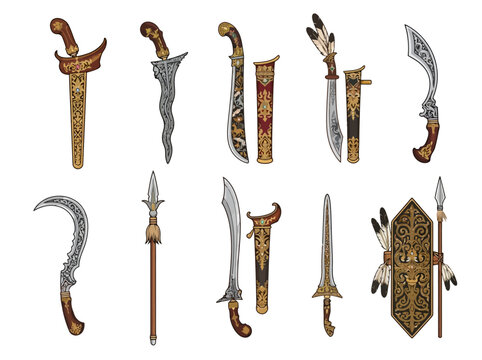 Various traditional weapons such as kris swords spears and shields in detailed vector illustrations.