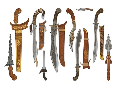Collection of various traditional Southeast Asian daggers swords and spears with ornate sheaths.